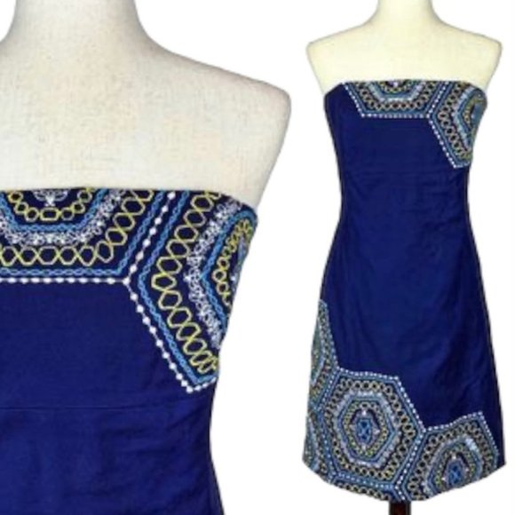 Lilly Pulitzer Dress Size 0 US Navy Blue “Honeycomb Bowen” Strapless Embroidered - Picture 15 of 15